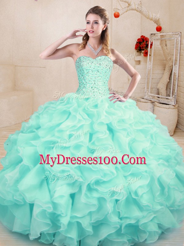 Attractive Aqua Blue Sleeveless Beading and Ruffles Floor Length Sweet 16 Quinceanera Dress