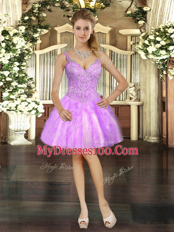 Tulle Sleeveless Mini Length Cocktail Dresses and Beading and Ruffles