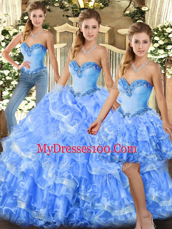 Modern Organza Sweetheart Sleeveless Lace Up Beading and Ruffles Quinceanera Gown in Light Blue