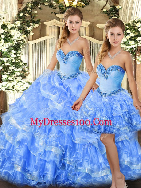 Modern Organza Sweetheart Sleeveless Lace Up Beading and Ruffles Quinceanera Gown in Light Blue