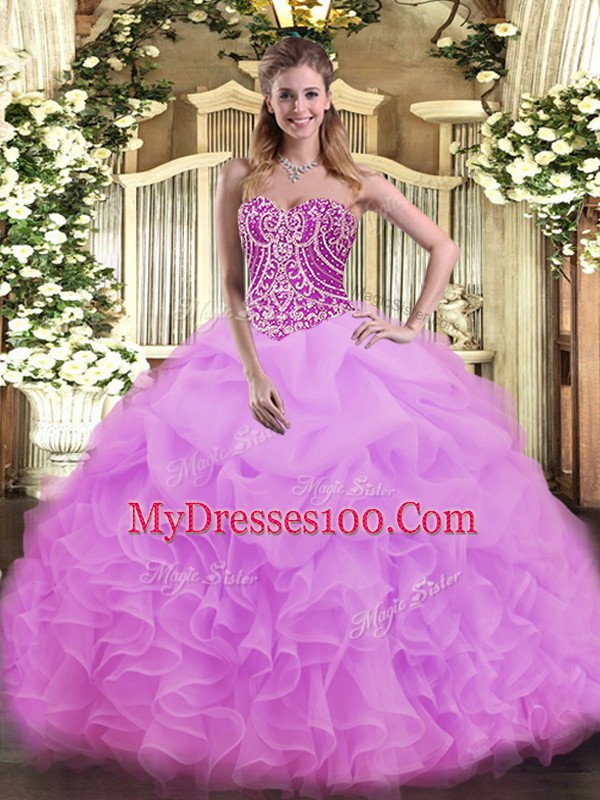Floor Length Lilac 15 Quinceanera Dress Organza Sleeveless Beading and Ruffles