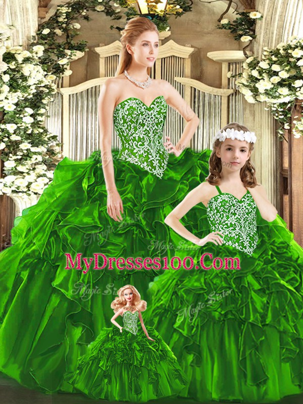 Affordable Green Ball Gowns Organza Sweetheart Sleeveless Beading and Ruffles Floor Length Lace Up Sweet 16 Dresses