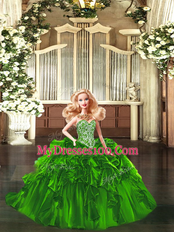Affordable Green Ball Gowns Organza Sweetheart Sleeveless Beading and Ruffles Floor Length Lace Up Sweet 16 Dresses