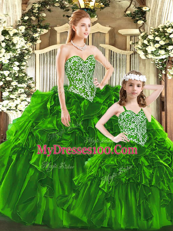 Affordable Green Ball Gowns Organza Sweetheart Sleeveless Beading and Ruffles Floor Length Lace Up Sweet 16 Dresses