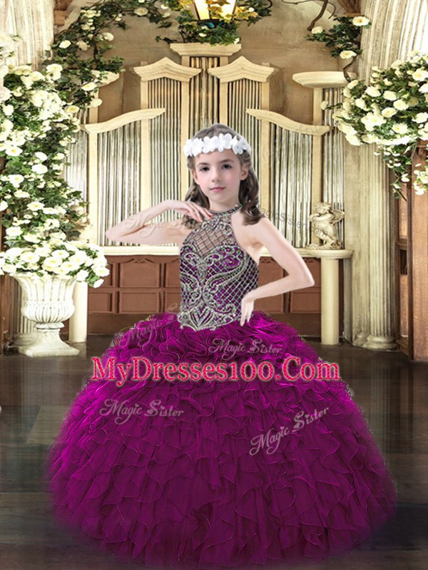 Trendy Sleeveless Floor Length Beading and Ruffles Lace Up Pageant Gowns For Girls with Fuchsia
