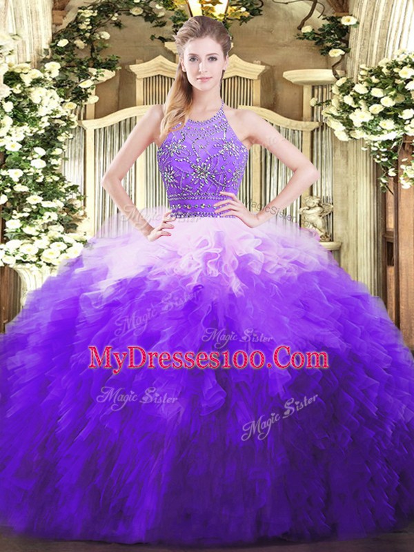 Luxury Tulle Sleeveless Floor Length Quince Ball Gowns and Beading and Ruffles