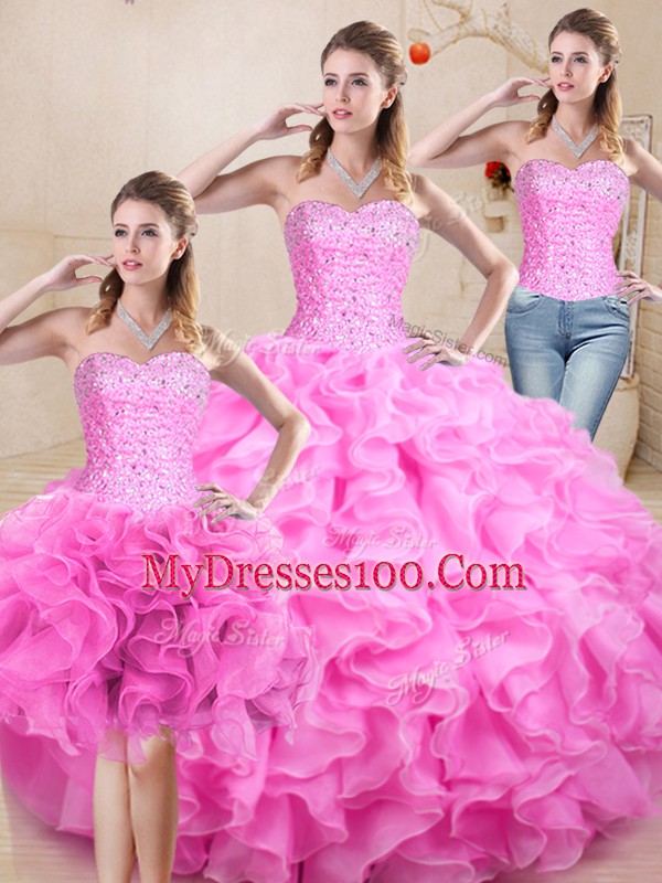 Floor Length Lace Up Ball Gown Prom Dress Lilac for Sweet 16 and Quinceanera with Beading and Ruffles