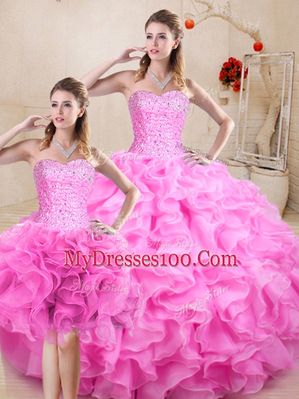 Floor Length Lace Up Ball Gown Prom Dress Lilac for Sweet 16 and Quinceanera with Beading and Ruffles
