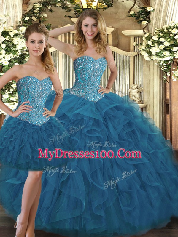 Delicate Sweetheart Sleeveless Ball Gown Prom Dress Floor Length Beading and Ruffles Teal Tulle