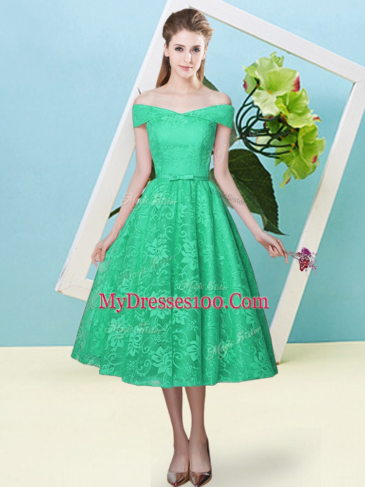 Romantic Turquoise Lace Lace Up Off The Shoulder Cap Sleeves Tea Length Wedding Party Dress Bowknot