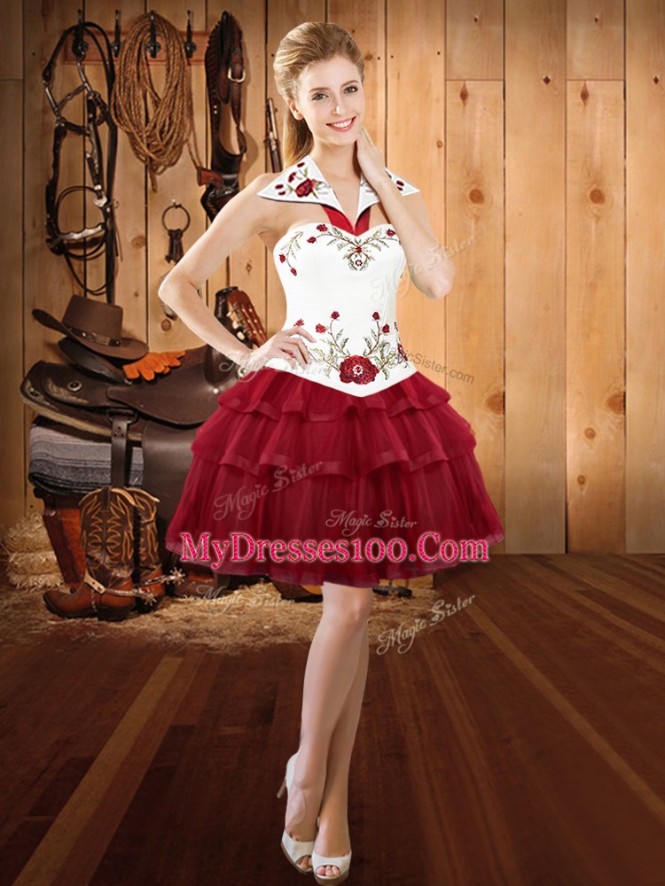 Burgundy Ball Gowns Halter Top Sleeveless Organza Mini Length Lace Up Embroidery and Ruffled Layers Prom Dresses