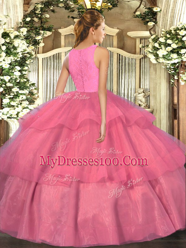 Lavender Ball Gowns Scoop Sleeveless Organza Floor Length Clasp Handle Lace and Ruffled Layers 15th Birthday Dress