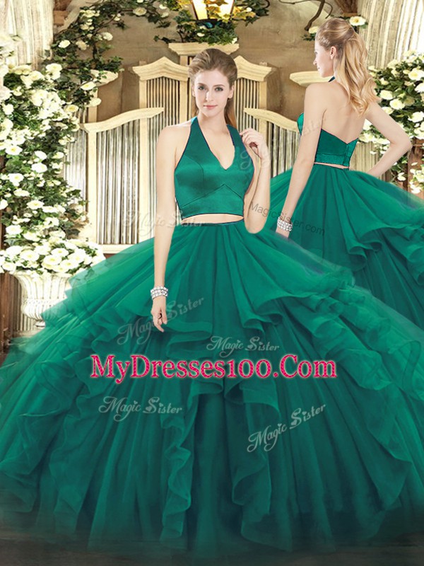 Fantastic Dark Green Quinceanera Gown Military Ball and Sweet 16 and Quinceanera with Ruffles Halter Top Sleeveless Zipper