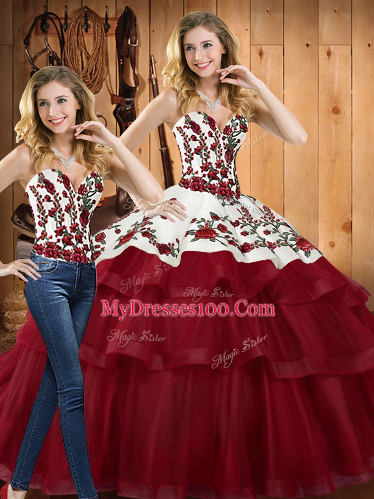 Wine Red Lace Up Quinceanera Gowns Embroidery Sleeveless Sweep Train