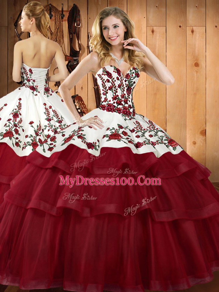 Wine Red Lace Up Quinceanera Gowns Embroidery Sleeveless Sweep Train