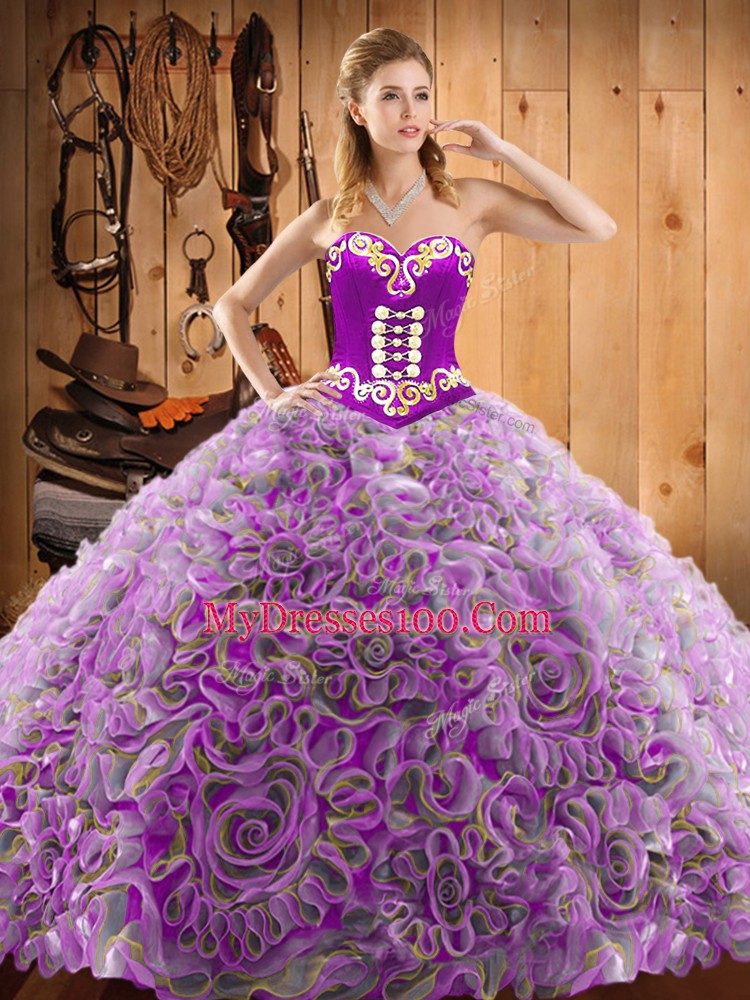 Fashion Multi-color Ball Gowns Embroidery Sweet 16 Dress Lace Up Satin and Fabric With Rolling Flowers Sleeveless With Train