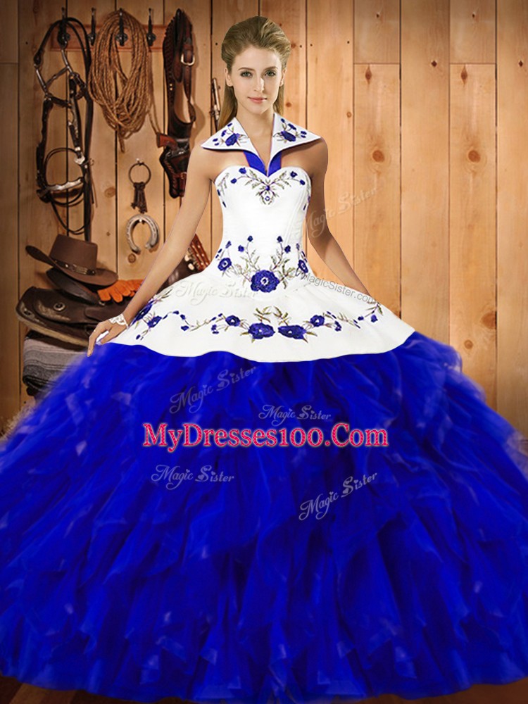 Halter Top Sleeveless Quinceanera Dress Floor Length Embroidery and Ruffles Blue And White Satin and Organza