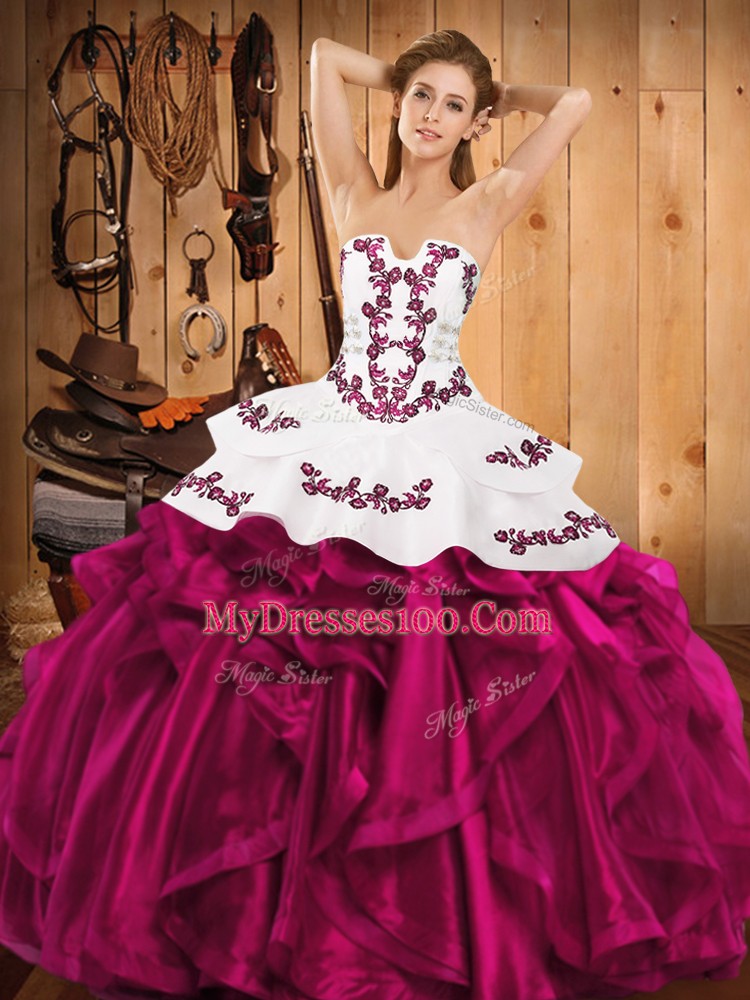 Classical Fuchsia Strapless Neckline Embroidery and Ruffles 15th Birthday Dress Sleeveless Lace Up