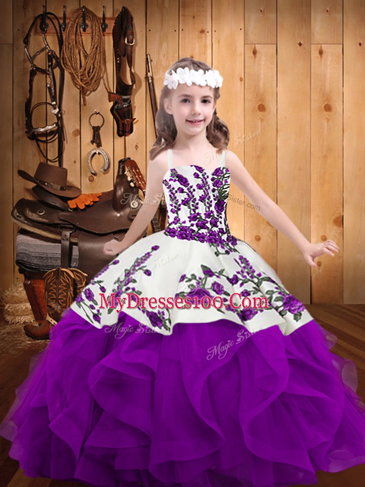 Elegant Sleeveless Organza Floor Length Lace Up Pageant Gowns For Girls in Purple with Embroidery and Ruffles