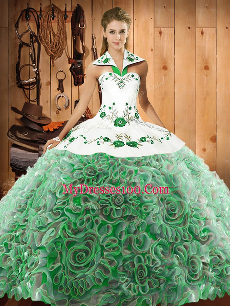 Sweep Train Ball Gowns Quinceanera Gown Multi-color Halter Top Fabric With Rolling Flowers Sleeveless Lace Up