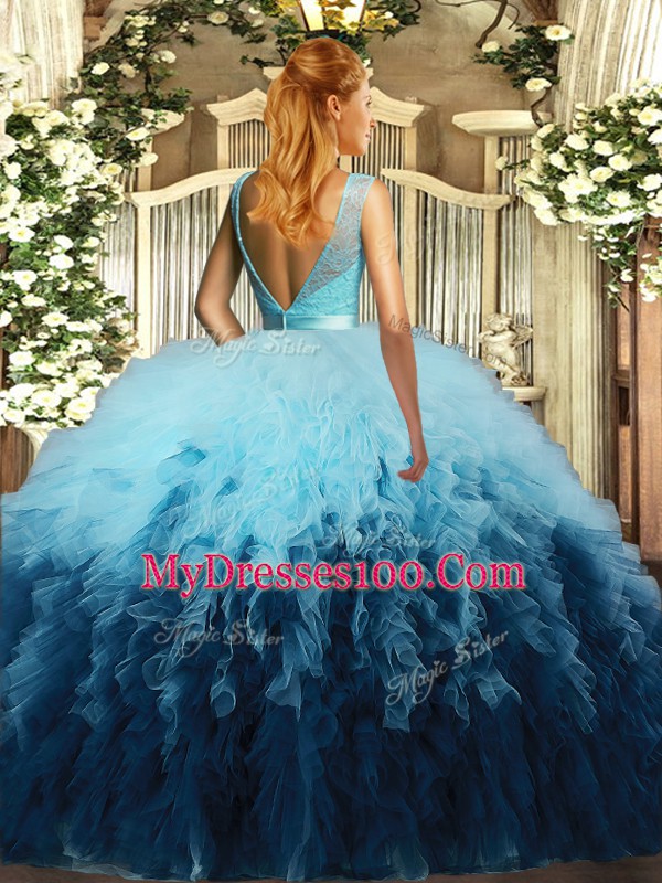 Fitting Multi-color Sleeveless Floor Length Beading and Ruffles Backless Quinceanera Dress