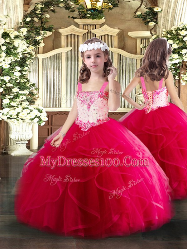 Excellent Sleeveless Lace Up Floor Length Beading and Ruffles Little Girl Pageant Dress