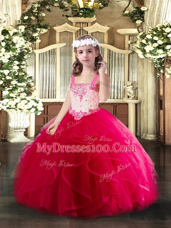 Excellent Sleeveless Lace Up Floor Length Beading and Ruffles Little Girl Pageant Dress