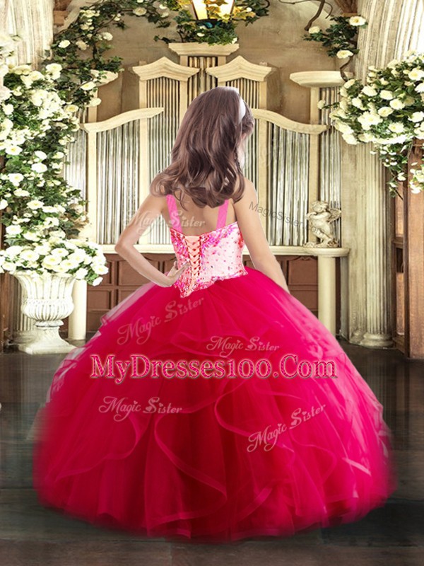 Excellent Sleeveless Lace Up Floor Length Beading and Ruffles Little Girl Pageant Dress