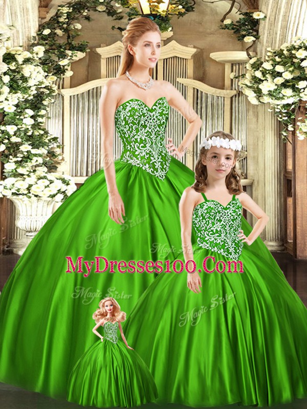 Colorful Green Ball Gowns Sweetheart Sleeveless Organza Floor Length Lace Up Beading Sweet 16 Dress