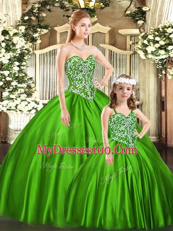 Colorful Green Ball Gowns Sweetheart Sleeveless Organza Floor Length Lace Up Beading Sweet 16 Dress