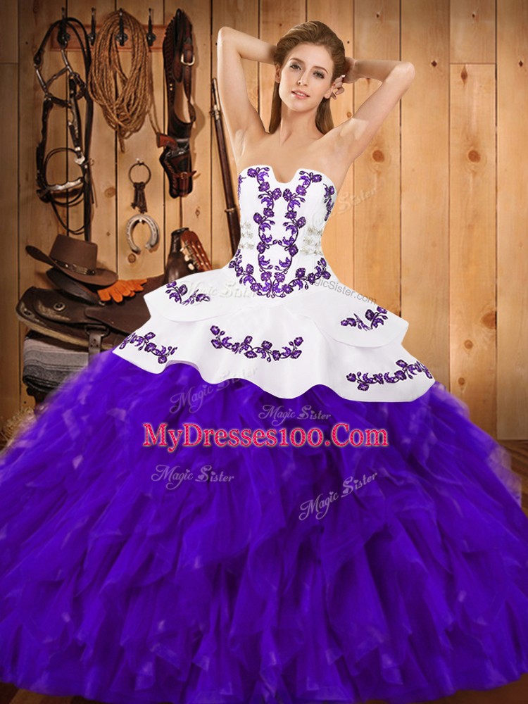 Top Selling Satin and Organza Strapless Sleeveless Lace Up Embroidery and Ruffles Quinceanera Gowns in White And Purple