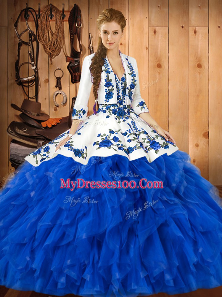 Dynamic Embroidery and Ruffles Quince Ball Gowns Blue Lace Up Sleeveless Floor Length