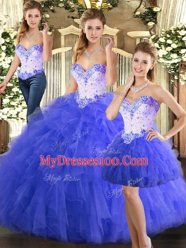 Blue Tulle Lace Up Sweetheart Sleeveless Floor Length Sweet 16 Dress Beading and Ruffles