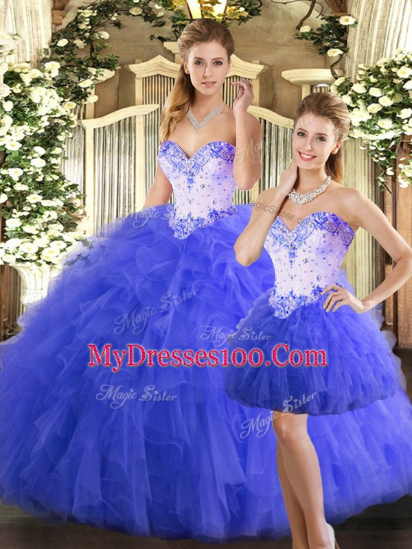 Blue Tulle Lace Up Sweetheart Sleeveless Floor Length Sweet 16 Dress Beading and Ruffles