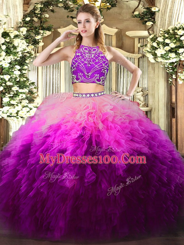 Perfect High-neck Sleeveless Quinceanera Gowns Floor Length Beading and Ruffles Multi-color Tulle