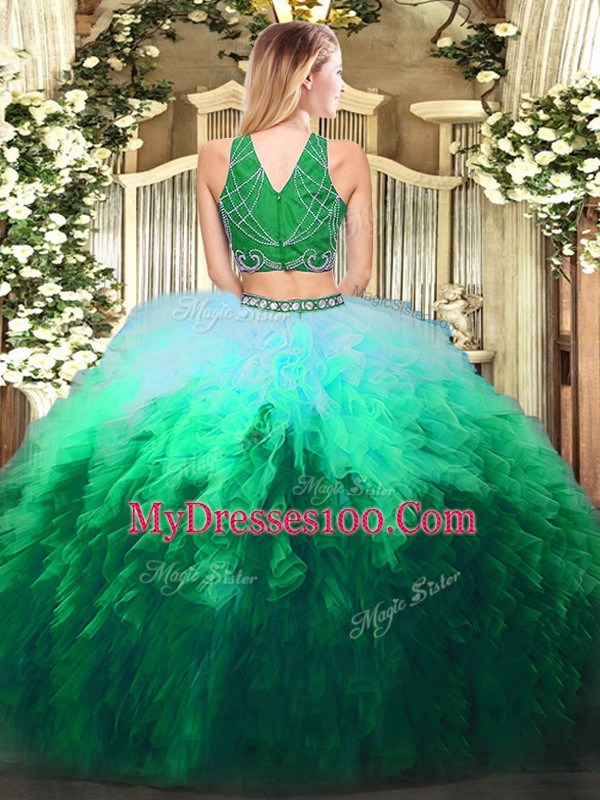 Perfect High-neck Sleeveless Quinceanera Gowns Floor Length Beading and Ruffles Multi-color Tulle