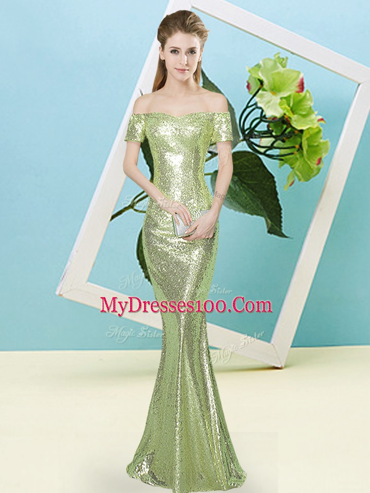 Vintage Yellow Green Sequined Zipper Off The Shoulder Short Sleeves Floor Length Evening Outfits Sequins