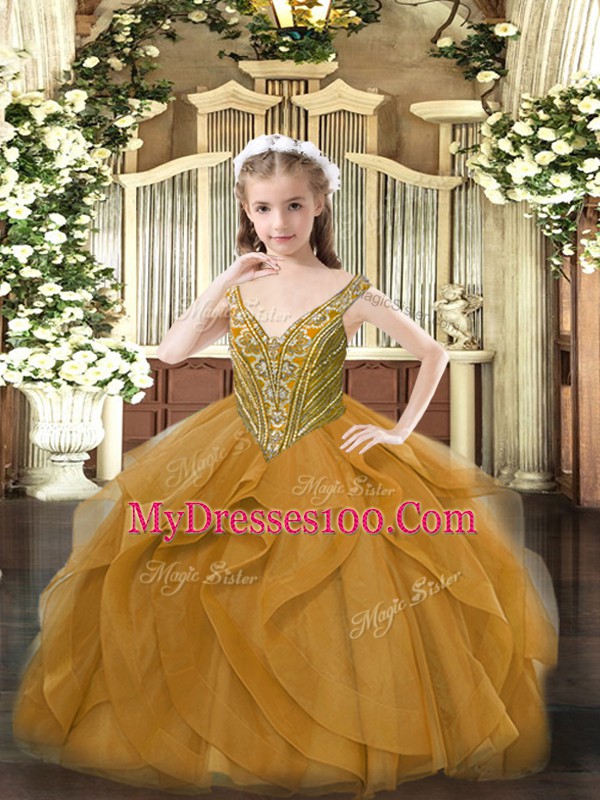 Brown Pageant Dress Party and Quinceanera with Beading and Ruffles V-neck Sleeveless Lace Up