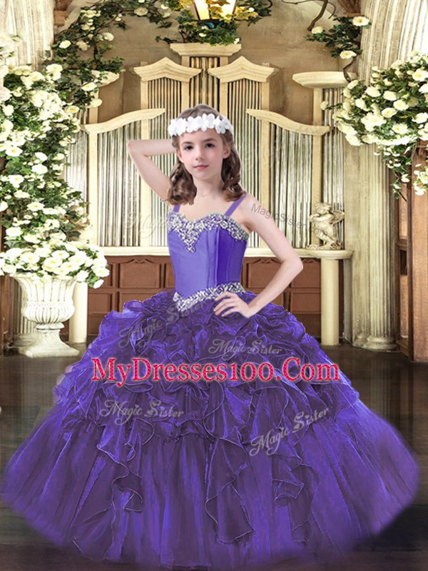 Straps Sleeveless Organza Pageant Dress Toddler Beading and Ruffles Lace Up