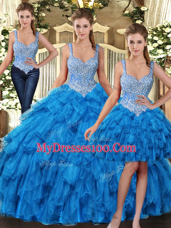 Teal Sleeveless Beading and Ruffles Floor Length Quinceanera Gown