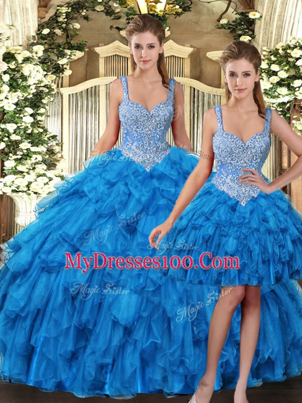 Teal Sleeveless Beading and Ruffles Floor Length Quinceanera Gown