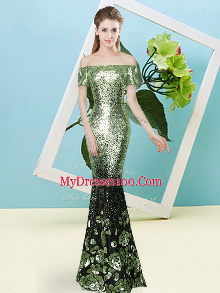 Spectacular Sequined Short Sleeves Floor Length Homecoming Dress and Sequins