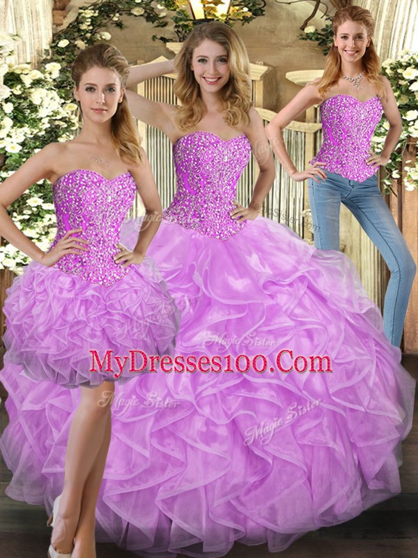 Enchanting Lilac Tulle Lace Up Sweetheart Sleeveless Floor Length 15 Quinceanera Dress Beading and Ruffles