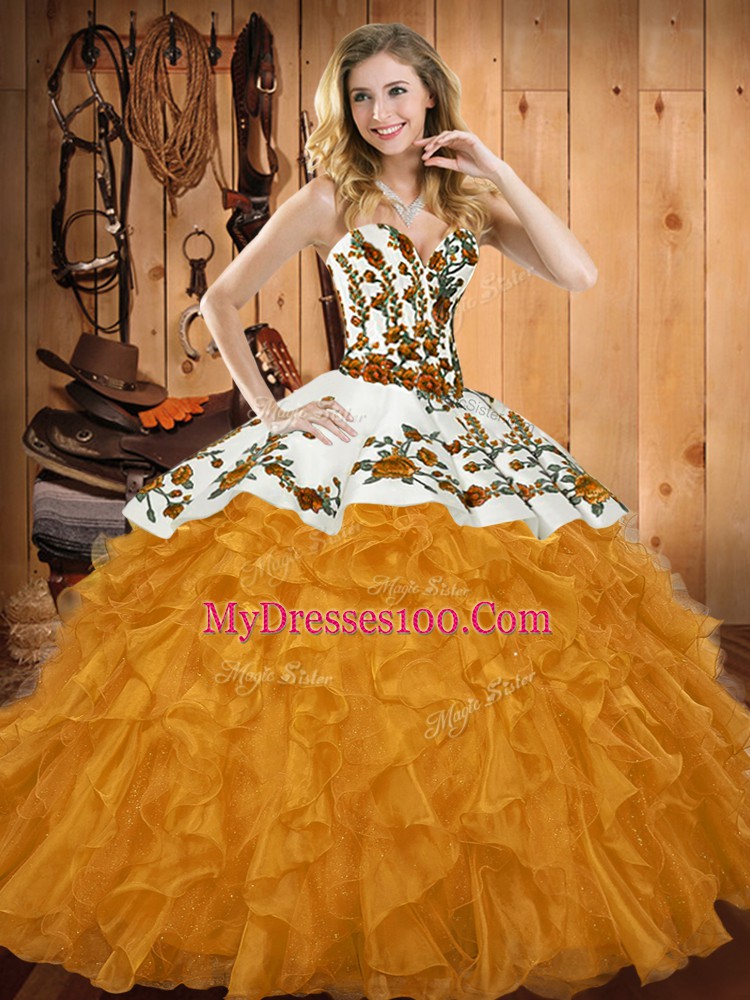 Hot Sale Satin and Organza Sleeveless Floor Length Quinceanera Gowns and Embroidery and Ruffles