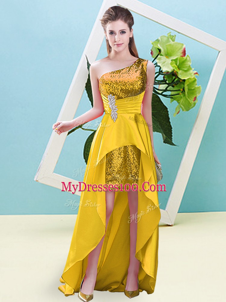 Gold Elastic Woven Satin and Sequined Lace Up One Shoulder Sleeveless High Low Evening Dress Beading and Sequins