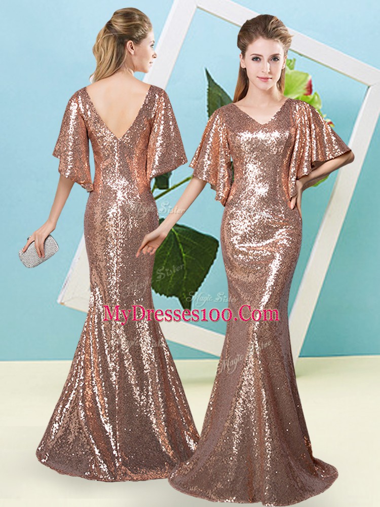 Brown Mermaid Sequins Dress for Prom Zipper Sequined Half Sleeves Floor Length