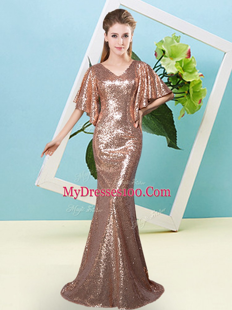 Brown Mermaid Sequins Dress for Prom Zipper Sequined Half Sleeves Floor Length