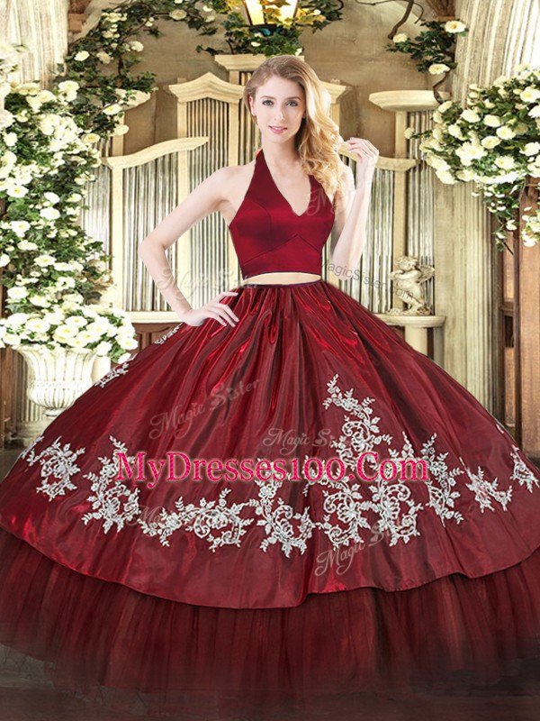 Floor Length Burgundy 15 Quinceanera Dress Taffeta Sleeveless Appliques