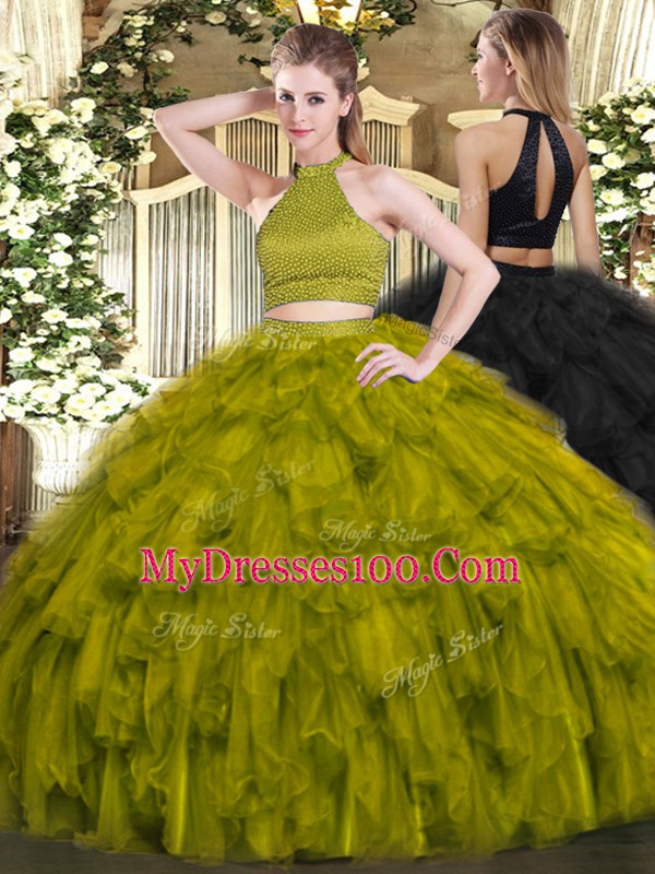 Olive Green Backless Quince Ball Gowns Beading and Ruffles Sleeveless Floor Length
