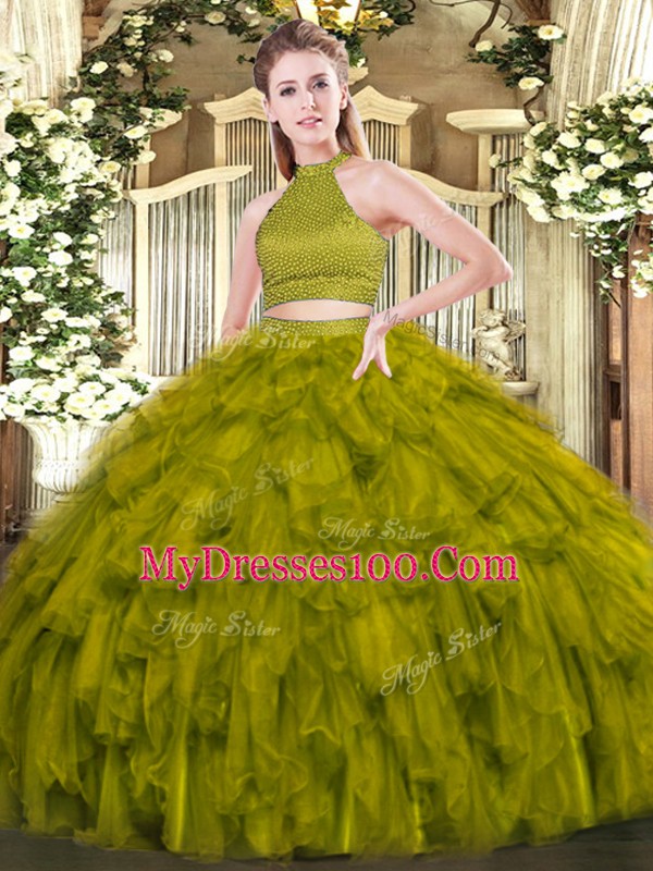 Olive Green Backless Quince Ball Gowns Beading and Ruffles Sleeveless Floor Length